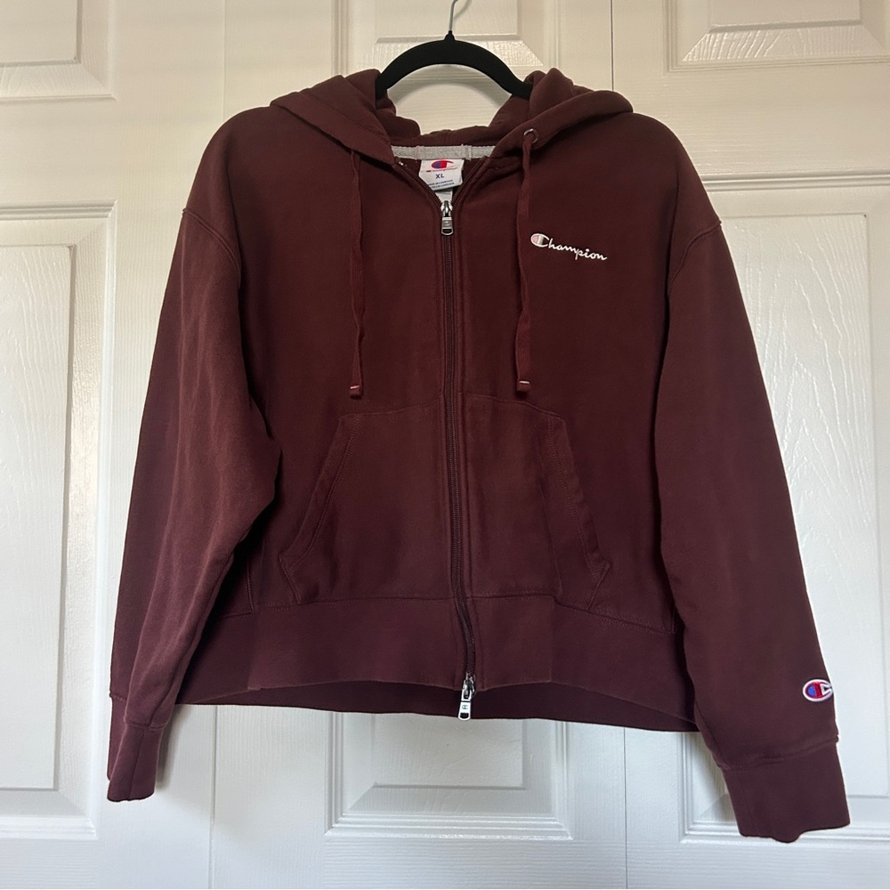 Champion Cropped Fleece Full Zip-Up Sweatshirt Chocolate Brown- Size XL